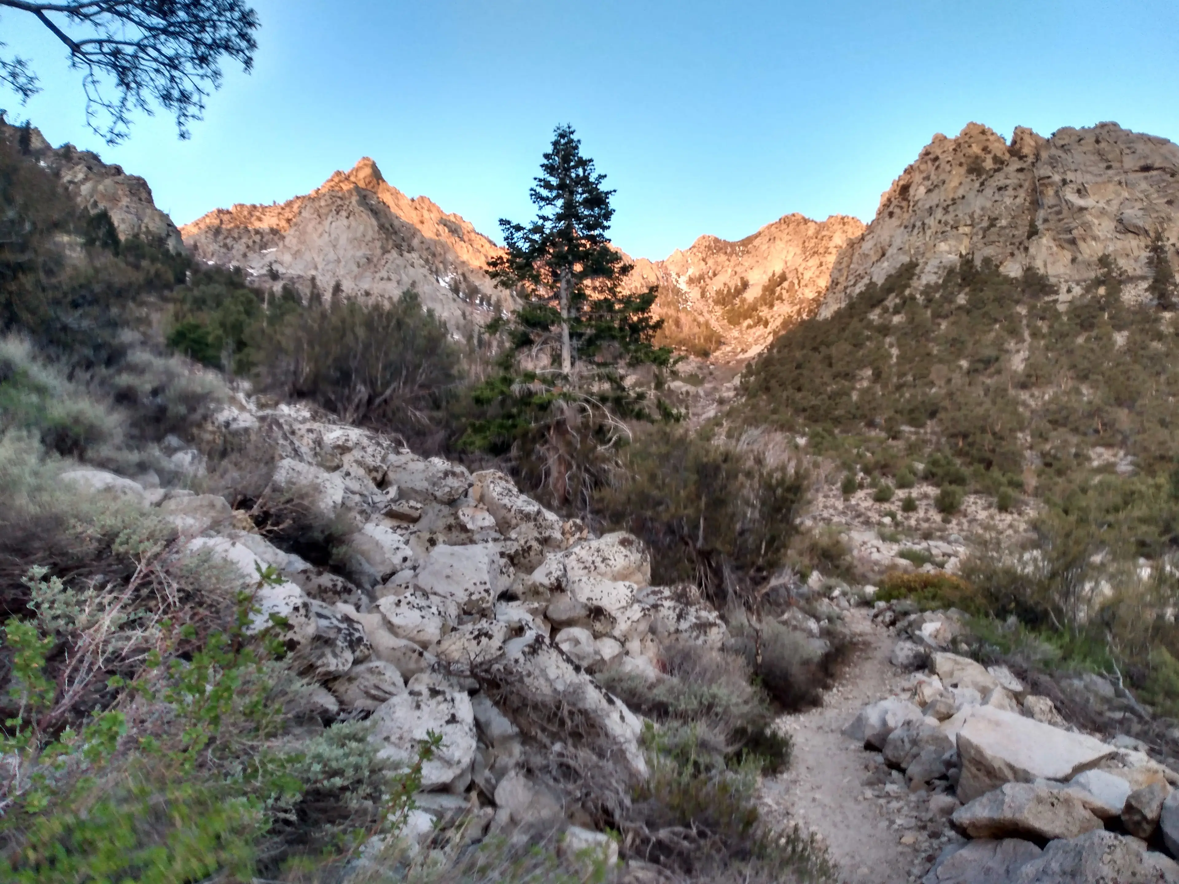 Sunrise on Travis' way up Shepherd Pass trail